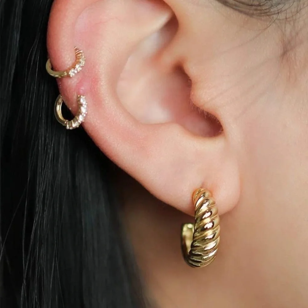 New 18k Gold Plated Twist Puffed Small Hoop Push Back Stud Minimalist Earrings
